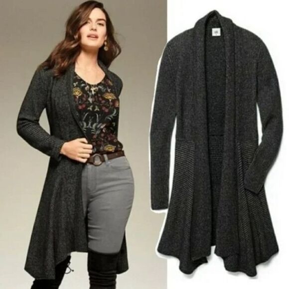 Cabi 3530 Black Gray Marled Stripe Knit Lagenlook Open Cloak Cardigan Sweater - Picture 3 of 16